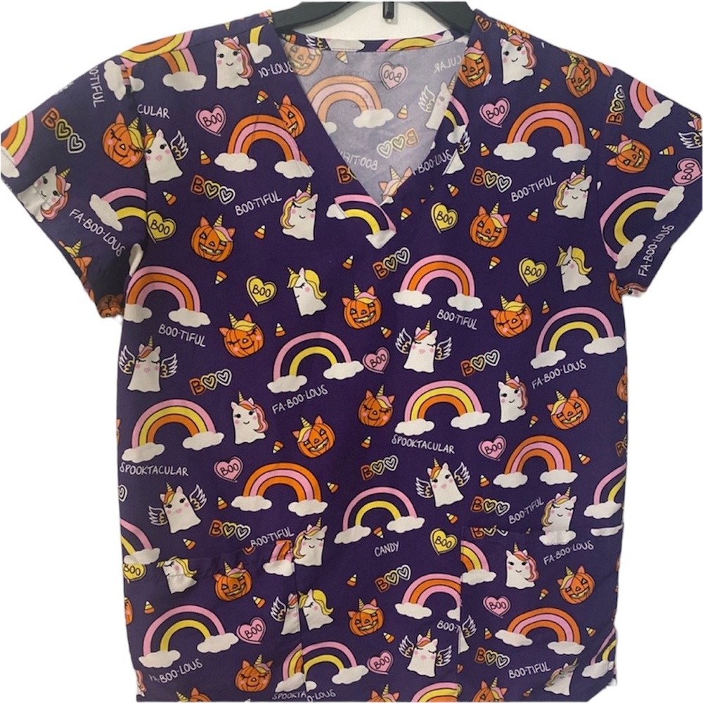 Halloween Scrub Top XS Spooky Unicorn Rainbow Ghost Candy Corn Nurse V Neck